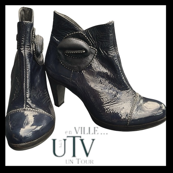 Un Tour En Ville (France) Teal/Blue Iridescent Patent 3" Heel Ankle Boots (EU39) - Picture 1 of 12